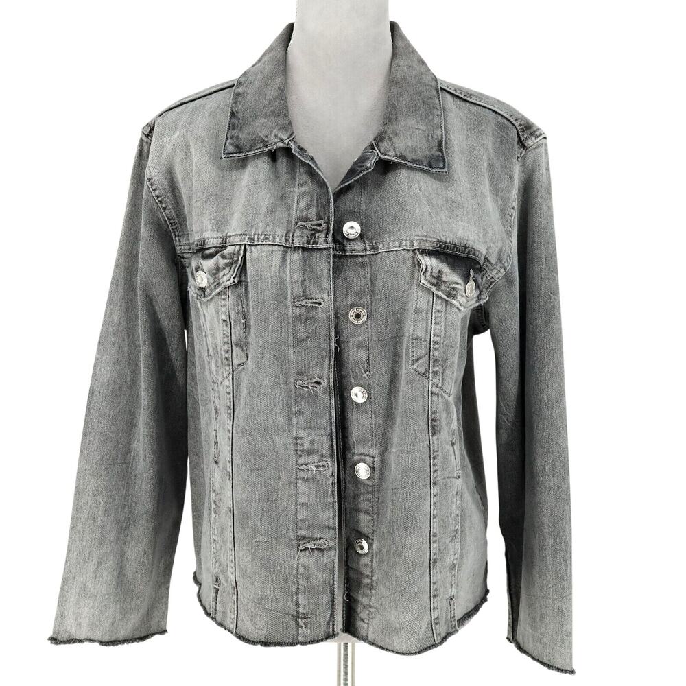 Kensie Jeans Jacket Womens Large Gray Cotton Denim Luxe Raw Hems Vintage - Picture 1 of 16